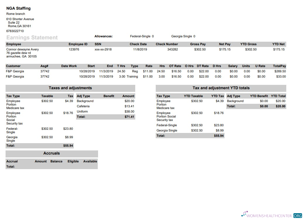 Download NGA Staffing pay stub in PDF and Word format Photoshop template